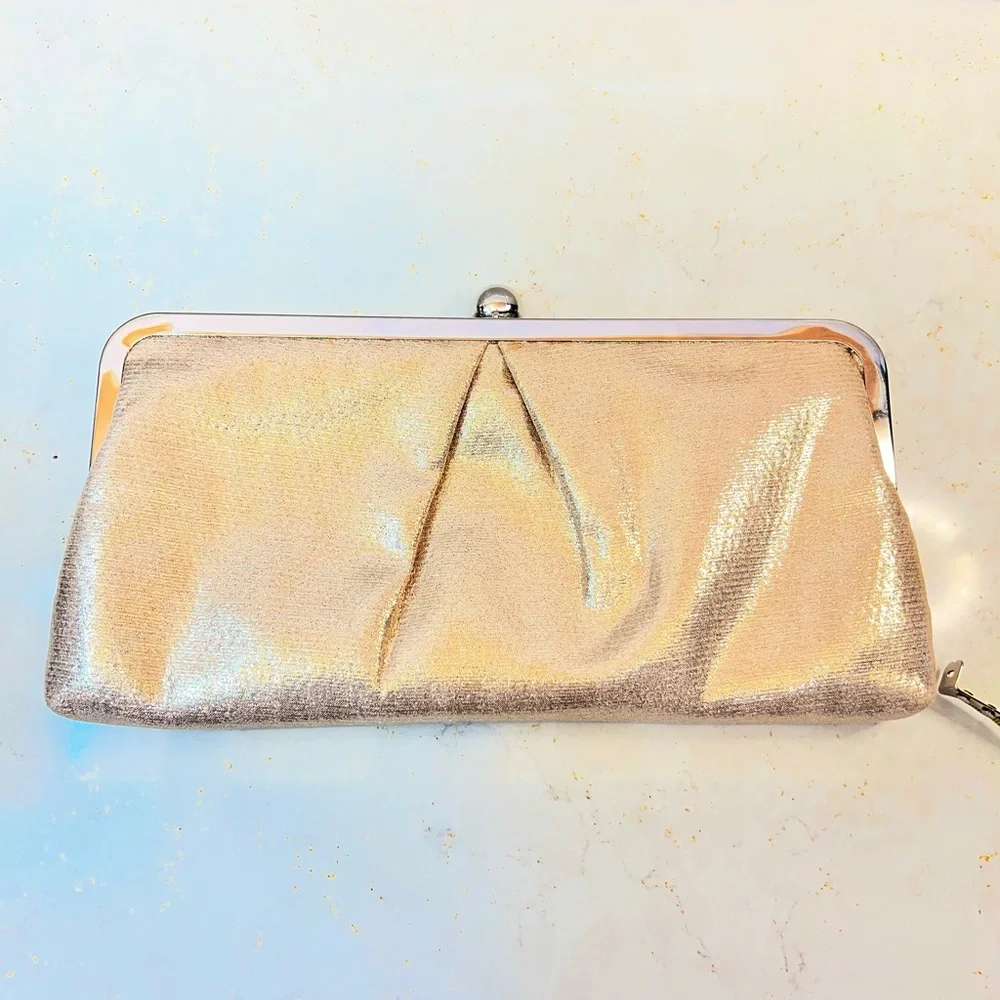 Antonio Melani Pleat Front Metallic Clutch Champagne Fabric Silver Hardware NWT